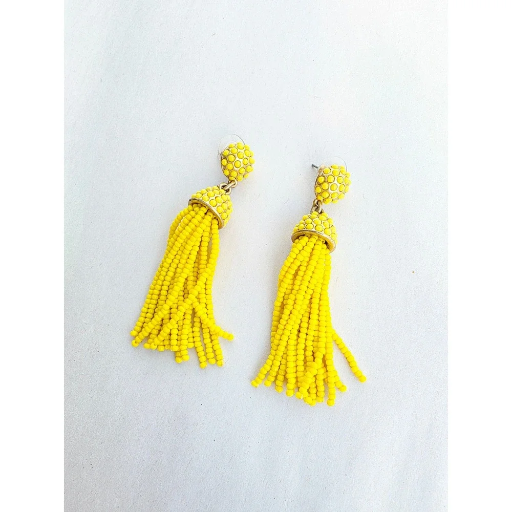 J.Crew Yellow Beaded Tassel Statement Earrings Gold Tone Post Back
